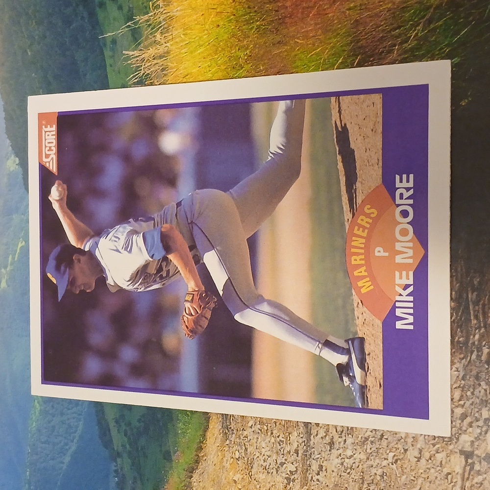 Mike Moore Mariners 2.5 in x 3.5 in orange purple baseball card